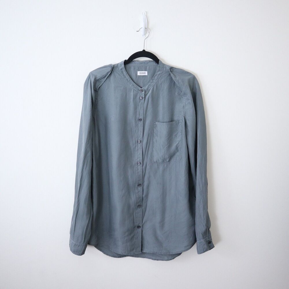 CLOSED Size L Silk Button Down Blouse Snap Epaulette Long Sleeve Dusty Olive